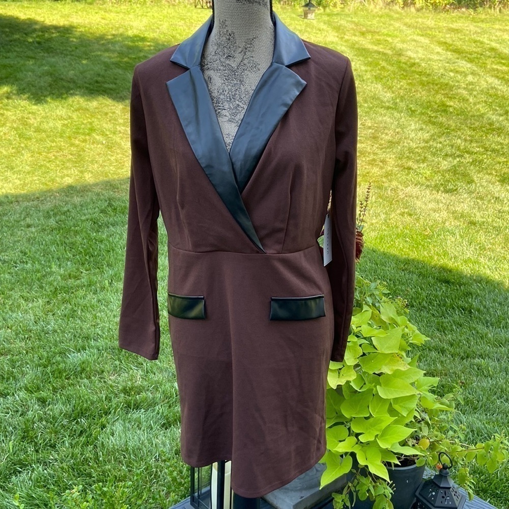 Max & Ash brown suit dress faux leather collar nwt